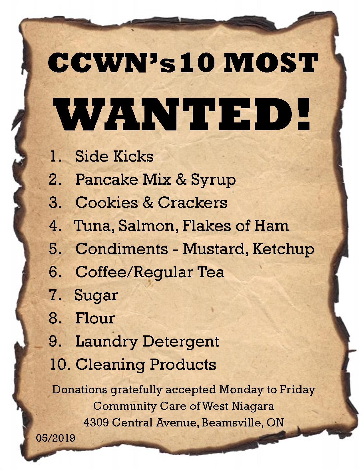 Most Needed Items Community Care of West Niagara